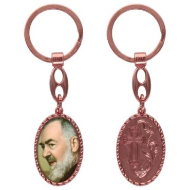 Porte-clés en aluminium de couleur cuivrée, hauteur 3,8 cm, avec résine. Disponible avec plusieurs saints au choix.