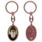 Porte-clés en aluminium de couleur cuivrée, hauteur 3,8 cm, avec résine. Disponible avec plusieurs saints au choix.
