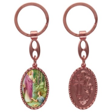 Porte-clés en aluminium de couleur cuivrée, hauteur 3,8 cm, avec résine. Disponible avec plusieurs saints au choix.