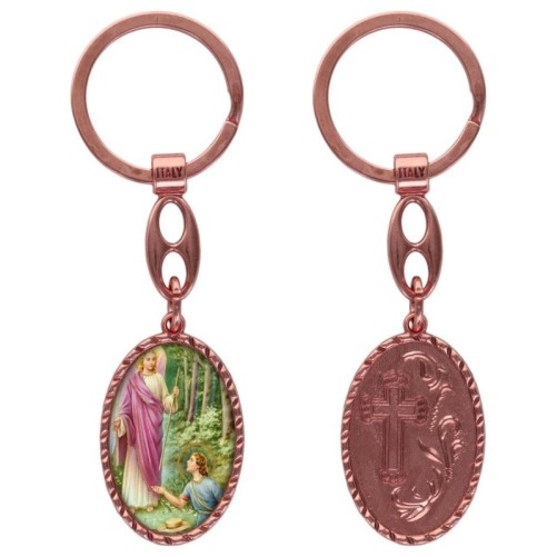 Porte-clés en aluminium de couleur cuivrée, hauteur 3,8 cm, avec résine. Disponible avec plusieurs saints au choix.