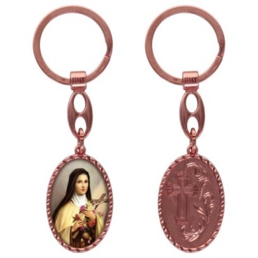 Porte-clés en aluminium de couleur cuivrée, hauteur 3,8 cm, avec résine. Disponible avec plusieurs saints au choix.