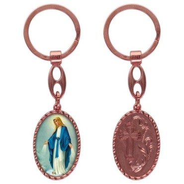 Porte-clés en aluminium de couleur cuivrée, hauteur 3,8 cm, avec résine. Disponible avec plusieurs saints au choix.