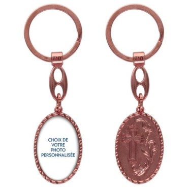 Porte-clés en aluminium de couleur cuivrée, hauteur 3,8 cm, avec résine. Disponible avec plusieurs saints au choix.
