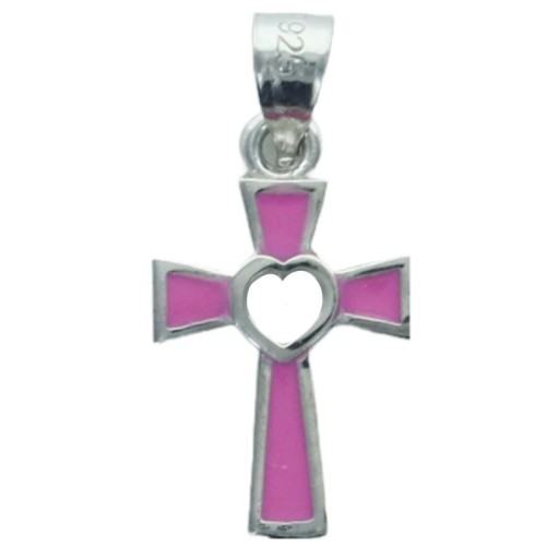 Croix emaillee avec coeur au centre en argent 925 °/°° H. 1.3 cm, differentes couleurs. Livree en boite.