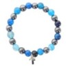 Bracelet sur elastique en hematite et pierre naturelle ou synthetique Ø 7 mm avec croix..