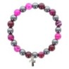 Bracelet sur elastique en hematite et pierre naturelle ou synthetique Ø 7 mm avec croix..
