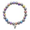 Bracelet sur elastique en hematite et pierre naturelle ou synthetique Ø 7 mm avec croix..
