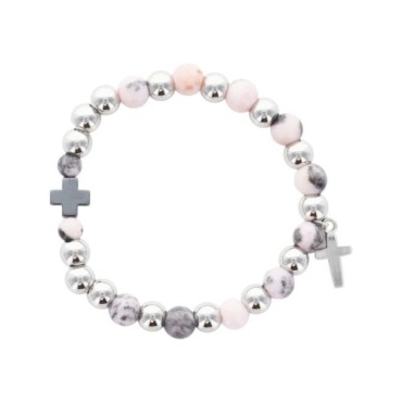 Bracelet dizainier élastique en pierre naturelle Ø 8 mm, avec croix. Différentes pierres disponibles..