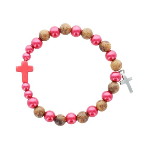 Bracelet élastique, grains en bois et verre Ø 8 mm, croix en pierre et croix métal, plusieurs couleurs disponibles..