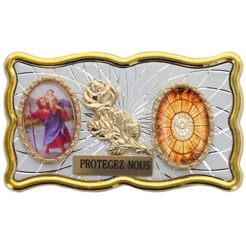 Plaque auto rectangle H. 3 x 6 cm de couleur argentée et dorée avec rose + 2 résines plusieurs Saints