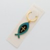 Porte-cles Ictus en metal de couleur dore avec croix au centre, hauteur 5 cm. Existe de differentes couleurs.