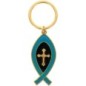 Porte-cles Ictus en metal de couleur dore avec croix au centre, hauteur 5 cm. Existe de differentes couleurs.