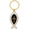 Porte-cles Ictus en metal de couleur dore avec croix au centre, hauteur 5 cm. Existe de differentes couleurs.