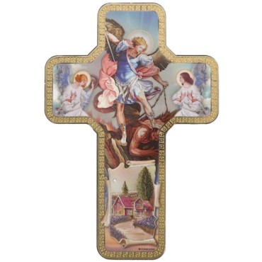 Croix icone en bois avec surimpression en relief dorée/argentée 12x18 cm, plusieurs saints