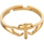 Bague reglable double cœur avec croix au centre en acier inoxydable doree.