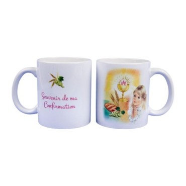 Mug blanc en ceramique texte: Souvenir de ma confirmation H.9.5 Ø 8 cm..