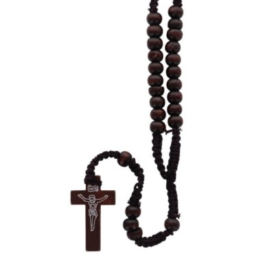 Chapelet sur corde grains en bois Ø 9 mm, longueur au cœur 28 cm, croix avec Christ imprime. Existe de differentes couleurs.
