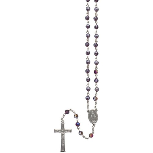 Chapelet sur chaine avec grains a facettes en semi-cristal Ø 7 mm et croix avec Christ. Existe de differentes couleurs.