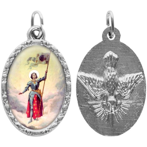 Médaille métal de couleur argentée ovale avec rebord effet dentelle H.2,5 cm avec résine. Disponible avec différents Saints.