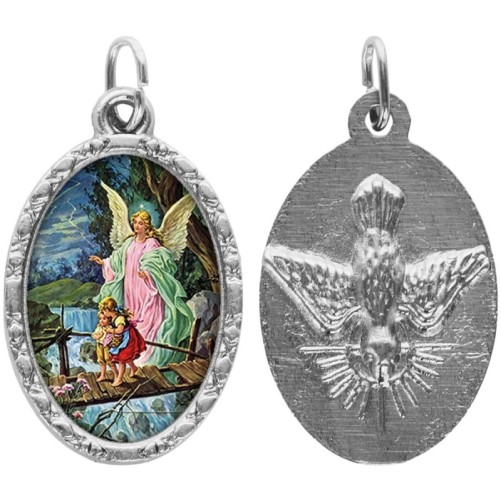 Médaille métal de couleur argentée ovale avec rebord effet dentelle H.2,5 cm avec résine. Disponible avec différents Saints.