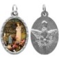 Médaille métal de couleur argentée ovale avec rebord effet dentelle H.2,5 cm avec résine. Disponible avec différents Saints.