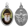 Médaille ovale métal argenté, rebord torsadé, résine. H : 2,5 cm. Différents Saints disponibles.