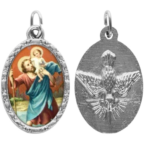 Médaille métal de couleur argentée ovale avec rebord effet dentelle H.2,5 cm avec résine. Disponible avec différents Saints.