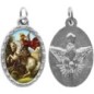 Médaille métal de couleur argentée ovale avec rebord effet dentelle H.2,5 cm avec résine. Disponible avec différents Saints.
