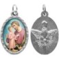 Médaille métal de couleur argentée ovale avec rebord effet dentelle H.2,5 cm avec résine. Disponible avec différents Saints.