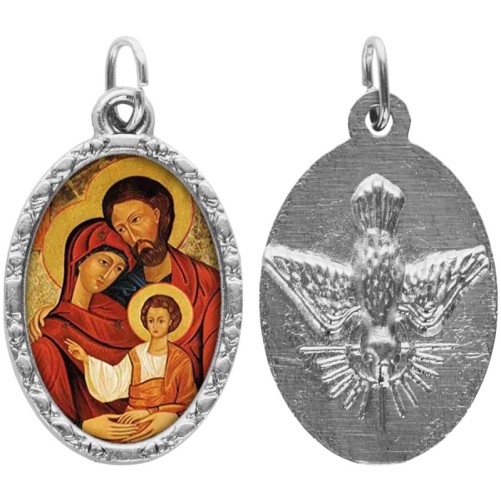 Médaille métal de couleur argentée ovale avec rebord effet dentelle H.2,5 cm avec résine. Disponible avec différents Saints.
