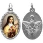 Médaille métal de couleur argentée ovale avec rebord effet dentelle H.2,5 cm avec résine. Disponible avec différents Saints.