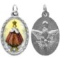 Médaille métal de couleur argentée ovale avec rebord effet dentelle H.2,5 cm avec résine. Disponible avec différents Saints.