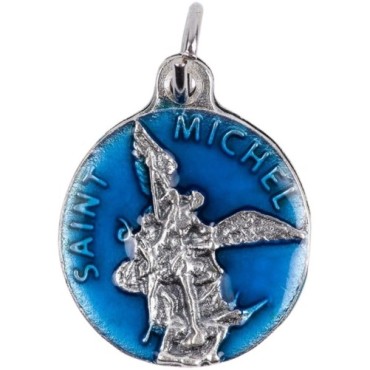 Medaille metal couleur argentee, emaille bleu ou rouge Ø 1,8 cm de differents saints. Couleurs differentes selon arrivage.