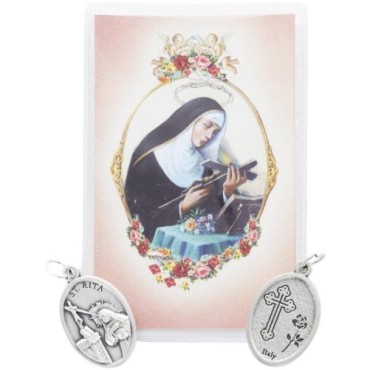 Medaille metal couleur argentee forme ovale H. 2,2 cm dans pochette avec image. Plusieurs saints