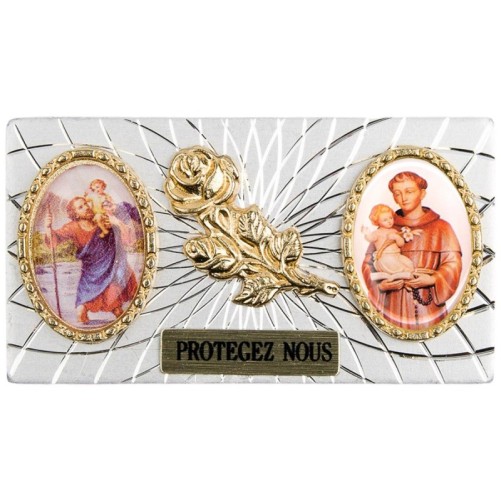 Plaque auto forme rectangle en alu striée H. 3 x 5,5 cm avec rose plus 2 résines, plusieurs saints.