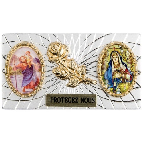 Plaque auto forme rectangle en alu striée H. 3 x 5,5 cm avec rose plus 2 résines, plusieurs saints.