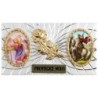 Plaque auto forme rectangle en alu striée H. 3 x 5,5 cm avec rose plus 2 résines, plusieurs saints.