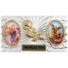 Plaque auto forme rectangle en alu striée H. 3 x 5,5 cm avec rose plus 2 résines, plusieurs saints.