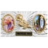 Plaque auto forme rectangle en alu striée H. 3 x 5,5 cm avec rose plus 2 résines, plusieurs saints.