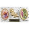 Plaque auto forme rectangle en alu striée H. 3 x 5,5 cm avec rose plus 2 résines, plusieurs saints.