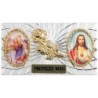 Plaque auto forme rectangle en alu striée H. 3 x 5,5 cm avec rose plus 2 résines, plusieurs saints.