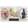 Plaque auto forme rectangle en alu striée H. 3 x 5,5 cm avec rose plus 2 résines, plusieurs saints.