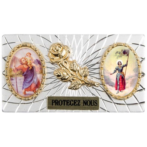 Plaque auto forme rectangle en alu striée H. 3 x 5,5 cm avec rose plus 2 résines, plusieurs saints.