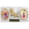 Plaque auto forme rectangle en alu striée H. 3 x 5,5 cm avec rose plus 2 résines, plusieurs saints.