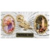 Plaque auto forme rectangle en alu striée H. 3 x 5,5 cm avec rose plus 2 résines, plusieurs saints.