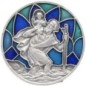 Plaque auto argentée Saint Christophe, style vitrail coloré – Ø 3 cm..