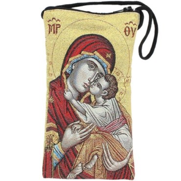 Porte-lunettes / téléphone en tissu, brodé de fil d’or, H 17 x 9 cm, avec cordon. Plusieurs modèles..