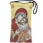 Porte-lunettes / téléphone en tissu, brodé de fil d’or, H 17 x 9 cm, avec cordon. Plusieurs modèles..