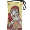 Porte-lunettes / téléphone en tissu, brodé de fil d’or, H 17 x 9 cm, avec cordon. Plusieurs modèles..