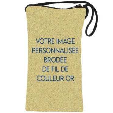 Porte-lunettes / téléphone en tissu, brodé de fil d’or, H 17 x 9 cm, avec cordon. Plusieurs modèles..